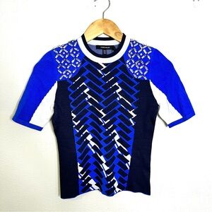 Karen Millen Blue Black sporty jacquard knit top embellished Geometric Blouse S